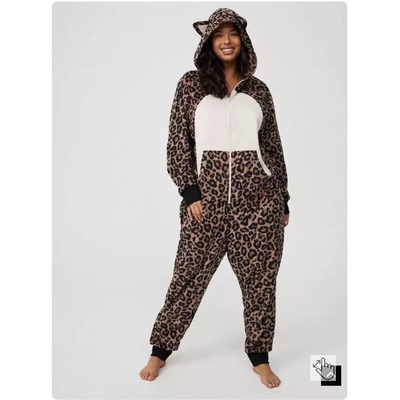 Torrid 1X/2X Leopard Cat w/Ears Punk Goth Hooded One Piece Union Suit Pajamas - Picture 2 of 3
